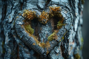 A textured tree bark with a heart-shaped scar, a romantic symbol in the woods.