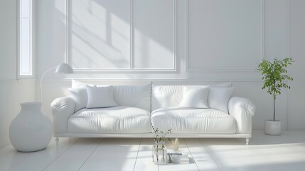 White modern room with sofa. Scandinavian interior design. 3D illustration 