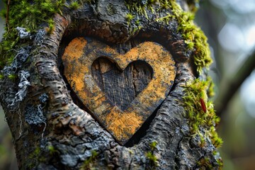 In the textured bark of the woods, a heart-shaped scar adorned with moss symbolizes eternal love.