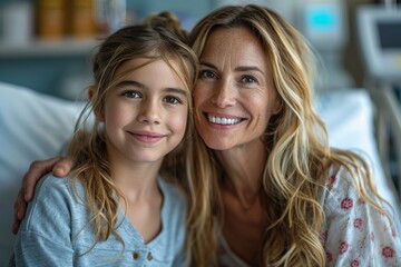A smiling mother and daughter cuddle on the couch, radiating affection and joy in their cozy home.