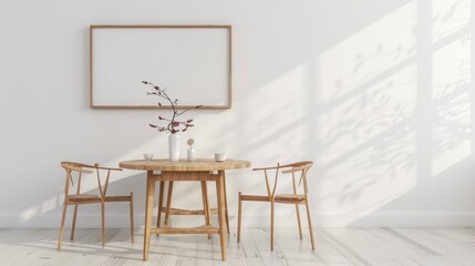 Wooden furniture in light room. Table and chairs and white wall with empty picture frame in background. Template for your content. 3D illustration.
