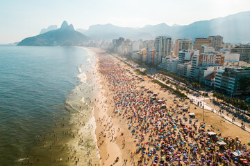 Crowded Ipanema Beach in Rio de Janeiro Aerial View on a Hot Sunny Day