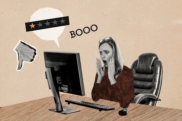 Composite photo collage of shocked blonde girl entrepreneur watch monitor screen rate star bad sms...