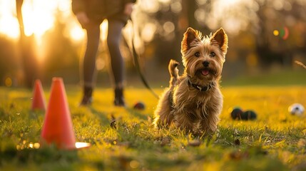 Pet owner and a small dog attending a training session in a grassy park, agility cones and training tools scattered around