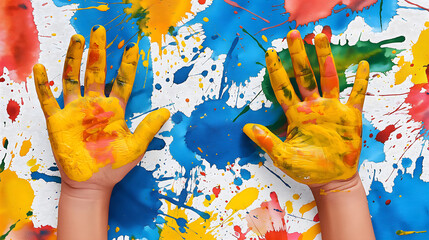 Child hands painted with watercolors. Creative painting concept.