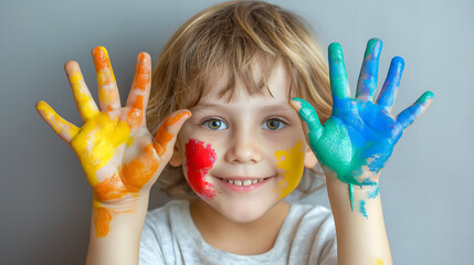 Boy with hands painted with watercolors. Creative painting concept.