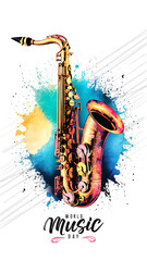 Vibrant Watercolor Splash is a digital painting of a Saxophone World Music Day with vector illustration (1)