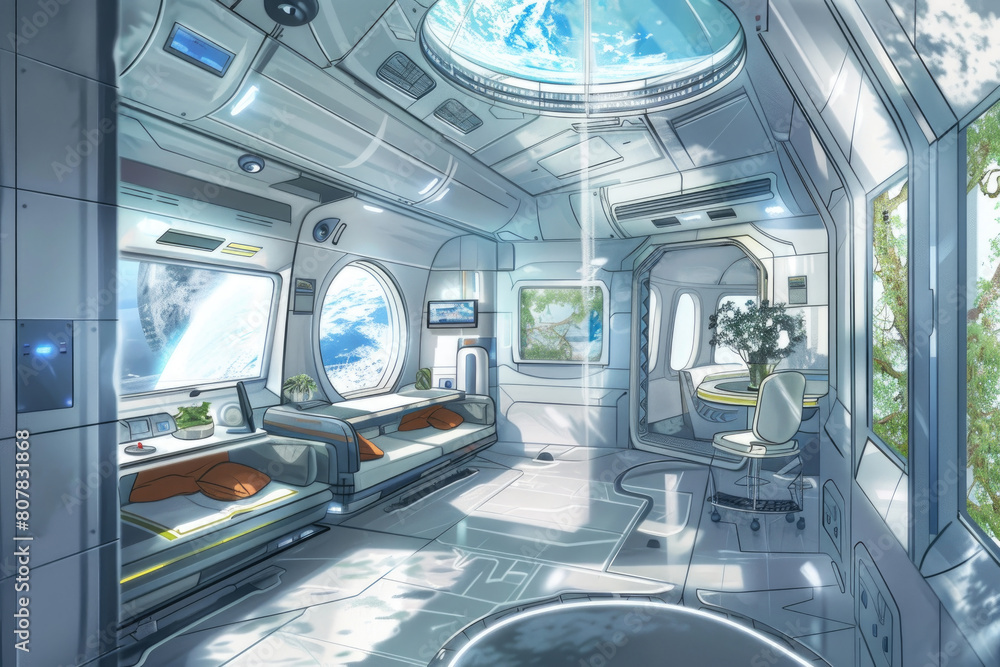Poster a detailed drawing of a futuristic space station floating in outer space, featuring sleek design and