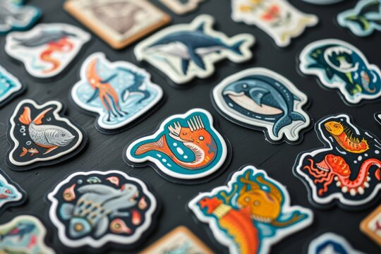 Many different stickers on a table with a black background