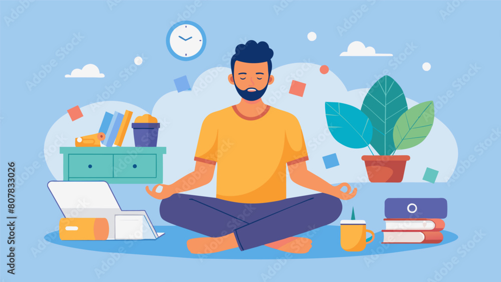 Poster a man sitting in a peaceful and clutterfree environment practicing decluttering and organization tec