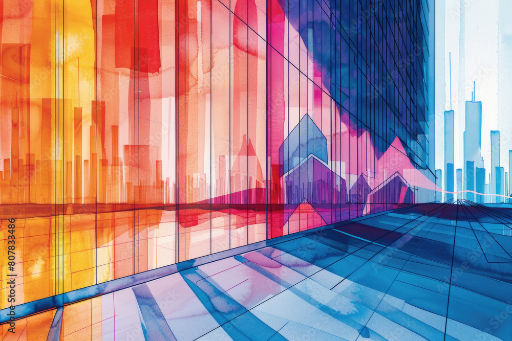 Poster urban setting with towering skyscrapers in abstract form, creating a dynamic cityscape