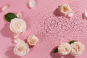 Beautiful roses, petals and leaves in water on pink background, top view. Space for text