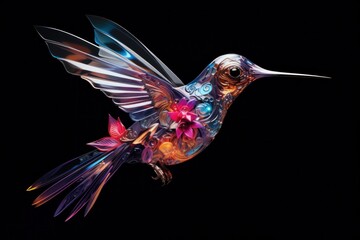 Obraz premium A stunningly vibrant and artistic illustration of a hummingbird in flight, adorned with vibrant translucent feathers and gemstones.