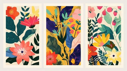 Colorful abstract botanical art triptych with vibrant flowers and leaves - obrazy, fototapety, plakaty