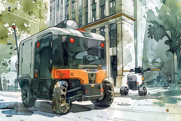 Self-driving robotic vehicles on an urban road perform parcel delivery tasks