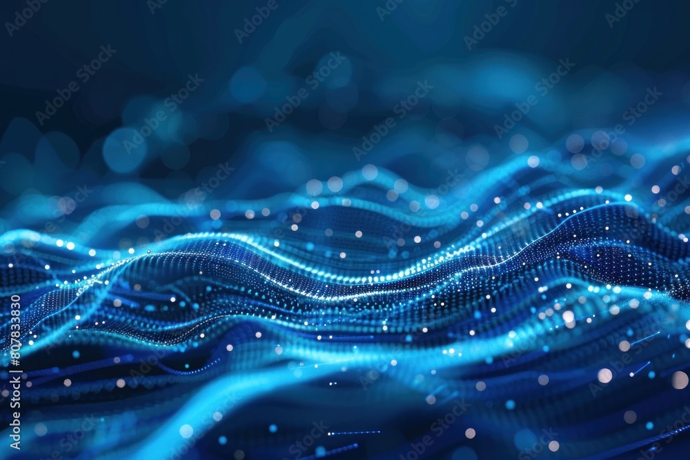 Poster the image is a blue wave with a lot of dots on it. the dots are scattered all over the wave