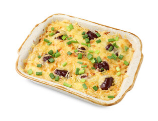 Tasty sausage casserole with green onions in baking dish isolated on white