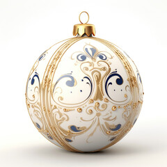 White Christmas tree ball decorated with intricate gold designs isolated on a white background.Luxurious jewelry made of white and gold.