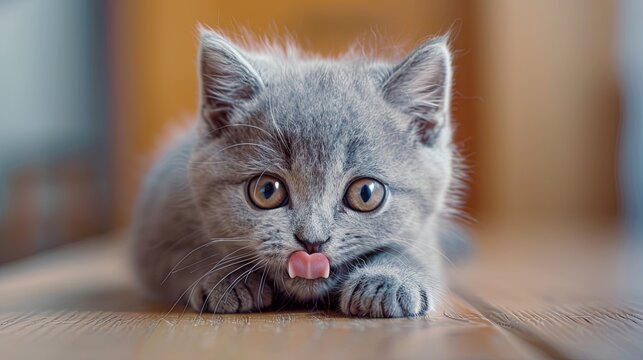 Fluffy gray kitten licking paw at home - Powered by Adobe