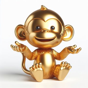 horizontal left to right a 3d gold monkey with happy face, white background