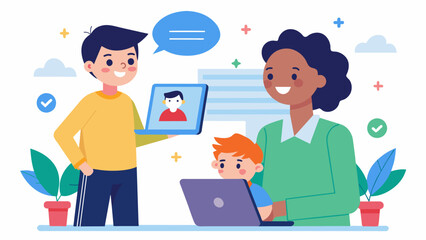 A parent proudly looking at their childs profile on the educational social network seeing the progress they have made in their academic learning and. Vector illustration