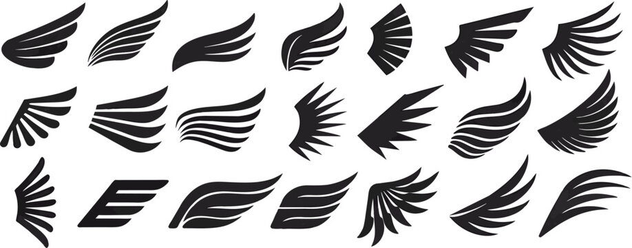 Adobe Illustrator ArtwoThe Wings logo. An emblem in the form of a wing silhouette, a set of vector icons with wings, emblems with angel wings. Eagle, aviation symbols. Vintage tattoo, set of vector rk