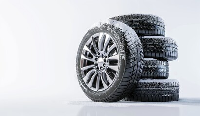 Winter tires stacked on a reflective surface with snowflakes