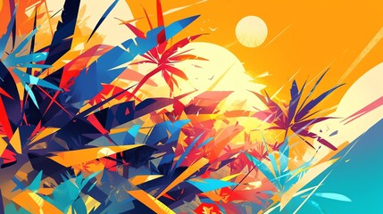 Tropical summer abstract scene with palm leaves and exotic vibes