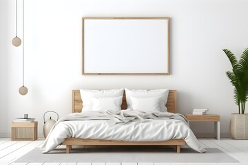 Modern guest room with a statement Mockup poster blank frame and wooden furniture
