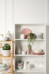 Different clean dishware and houseplants on shelves in cabinet indoors
