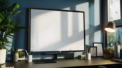Blank white screen desktop computer mockup in modern office room or home workspace with decorations
