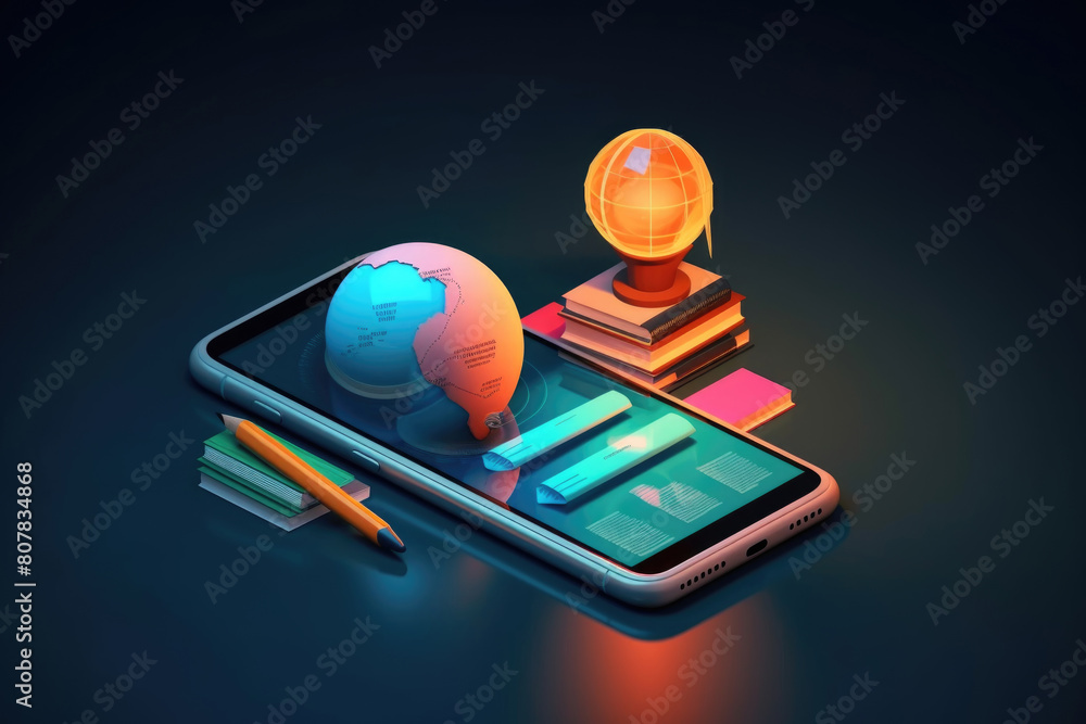 Poster a cell phone displaying a globe icon on its screen, symbolizing global communication and connectivit