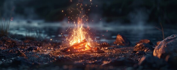Campfire Glowing in Forest Clearing at Night