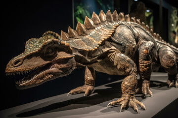 Obraz premium Close-up view of a toy dinosaur figurine placed on a wooden table, showcasing detailed features and coloration