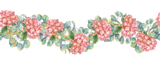 Vintage border with hortensia flowers and eucalyptus branches. Fresh summer plants. Horizontal floral banner. Hydrangea, silver dollar eucalyptus. Watercolor illustration for wedding design