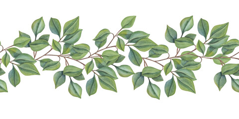 Seamless border of green branches. Lush foliage. Forest leaf plants. Intertwining stems.. Watercolor illustration isolated on white background. Simple rustic ornate for package, textile