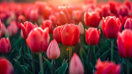 Vibrant red tulips bask in the warm glow of sunrise, creating a striking contrast with the dawn-lit picturesque floral backdrop
