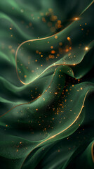 Luxurious 3D Green Wave Lines with Shiny Gold Curved Decorations, Glitter Illumination on Dark Gradient Background Abstract