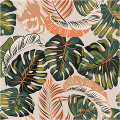 Trend abstract seamless pattern with colorful tropical leaves and plants on a light background. Vector design. Jungle print. Floral background. Printing and textiles. Exotic tropics. Fresh design.