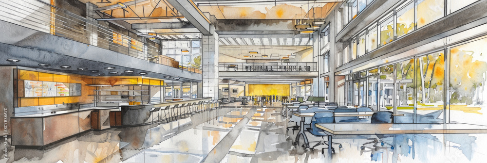 Poster drawing of lobby setting with various tables and chairs arranged in an orderly manner, creating a we