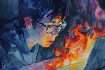 A boy with glasses deeply concentrated on his screen with vivid reflections of blazing fire