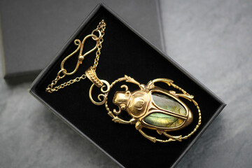Art Deco Vintage style Egyptian Scarab Large Pendant Necklace, Antique 18Ct Yellow Gold Plated, Green Gold Labradorite