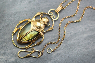 Art Deco Vintage style Egyptian Scarab Large Pendant Necklace, Antique 18Ct Yellow Gold Plated,...
