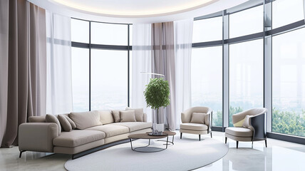 Rounded walls in the interior with panoramic windows, modern design of a light living room