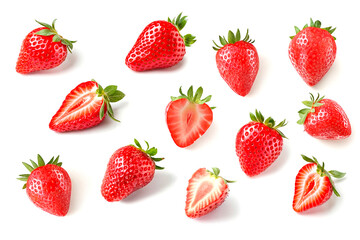 Strawberries isolated on white background. Top view. Flat lay pattern.