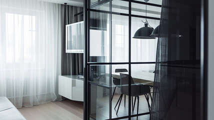 Modern interior of the apartment with glass partitions