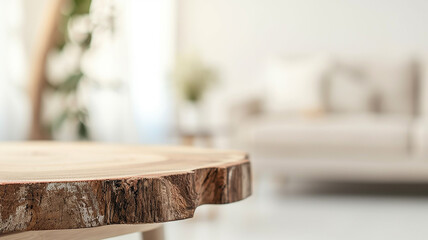 Obraz premium A wooden table top made of sawn wood in the interior of the room on the background of a sofa