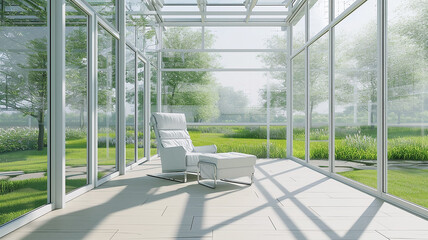 An armchair against the background of panoramic glass windows of a greenhouse among green plants