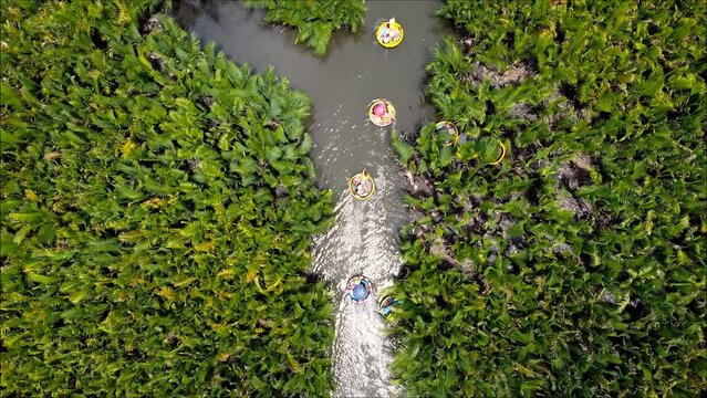Aerial view on coconut village eco tour in Hoi An, Vietnam. Bamboo basket boats on Thu bon River.
