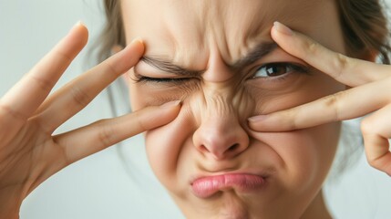 Fototapeta premium Nose scrunching gesture, grimacing woman holding eyes open with fingers, see stare watch observe inspect